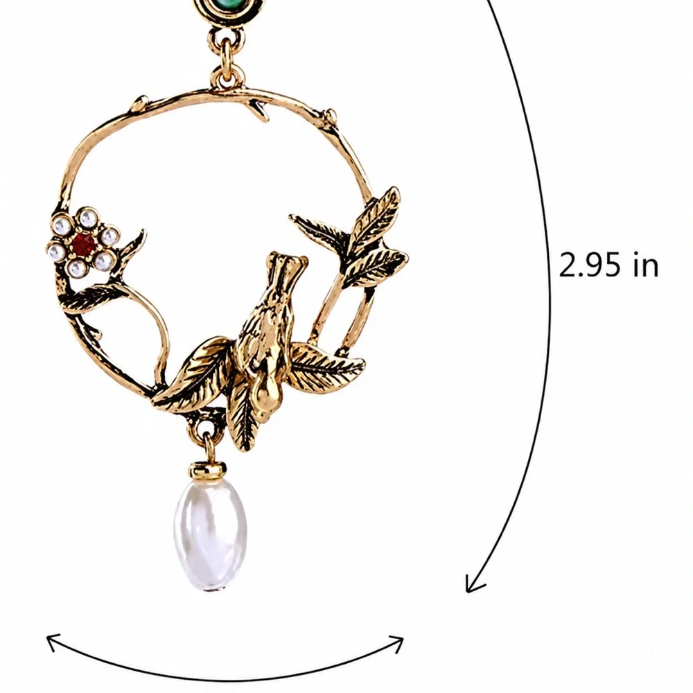 Anthropologie Gold-Tone Hummingbird Hoop Earrings with Green and Pearl Accents